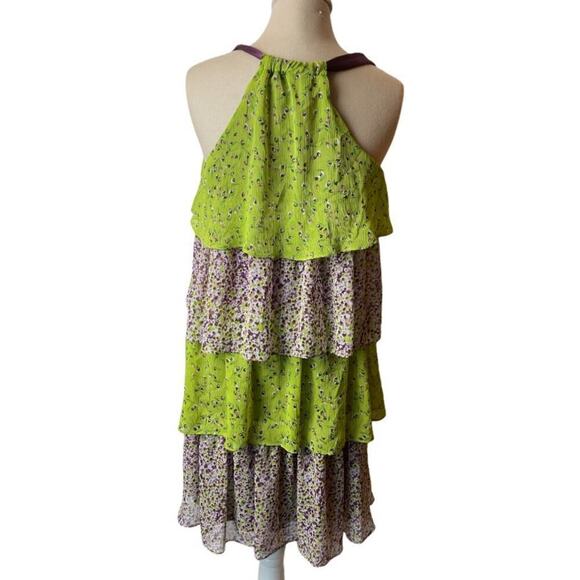 Allen B Green Purple Green Tiered Ruffle Skirt Ribbon Strap Boho Dress Size 4 - Picture 4 of 6